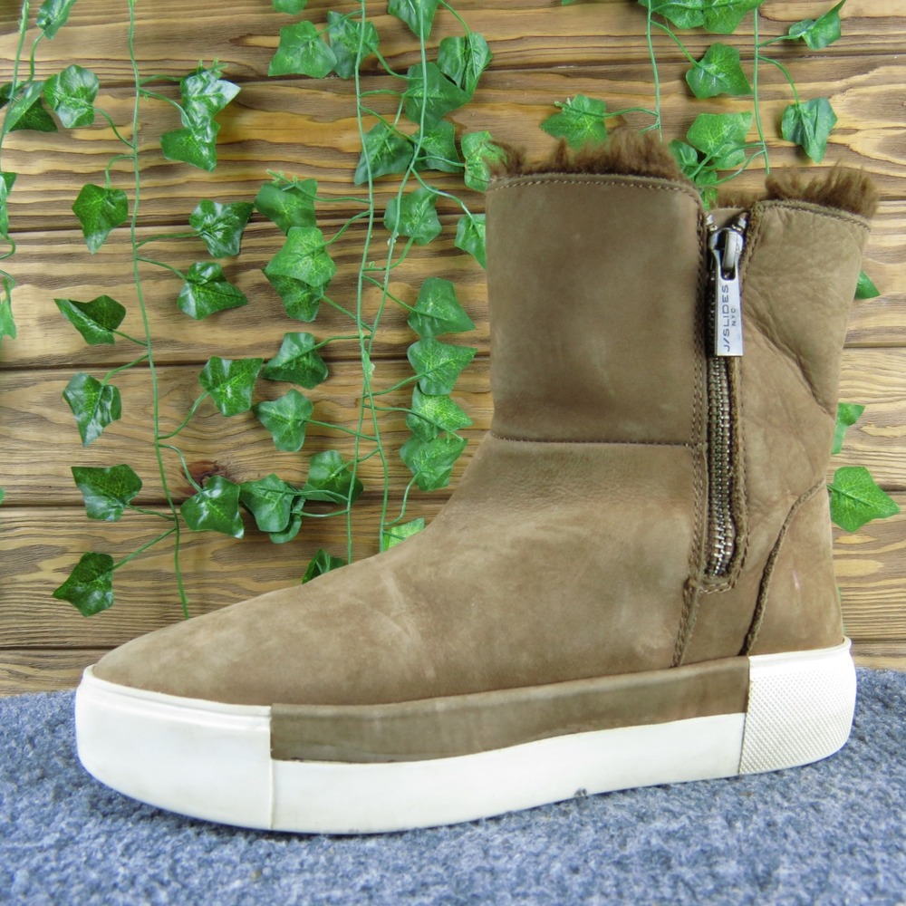 J Slides NYC Tan Suede Platform Ankle Boots Women Size 6 Faux Fur Lined‎ Zip Up